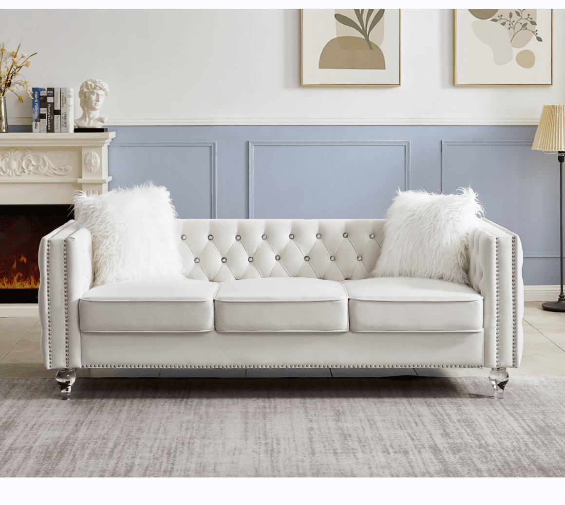 83 Velvet Chesterfield Sofa 3 Seater with Crystal Legs Nailhead Trim Arms 2 Plush Pillows Beige Walmart