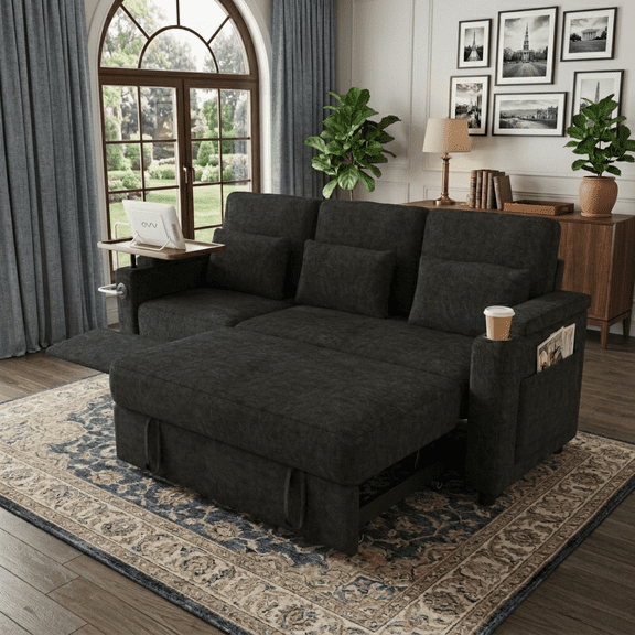 83" 3-in-1 Chenille Foldable Sofa Bed with Electric Chair,USB Ports,Table Board,Storage Armrests & Adjustable Backrest,3-Seater Sleeper,Black