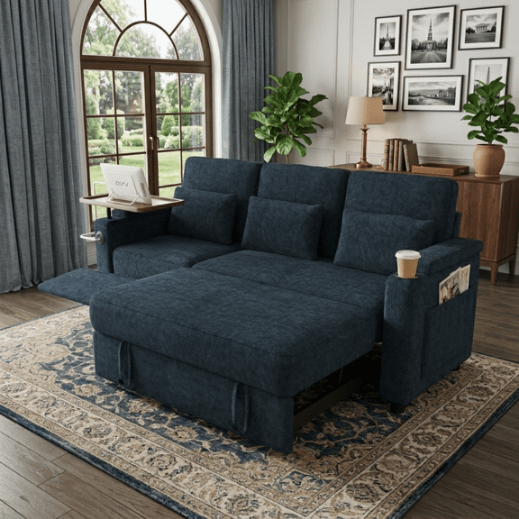 83" 3-in-1 Chenille Foldable Sofa Bed with Electric Chair,USB Ports,Table Board,Storage Armrests & Adjustable Backrest,3-Seater Sleeper,Blue