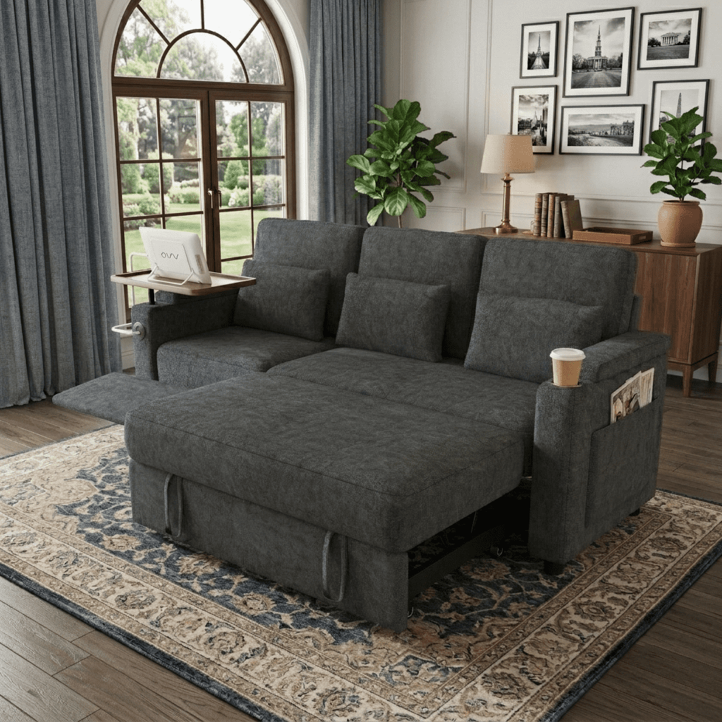 83" 3-in-1 Chenille Foldable Sofa Bed with Electric Chair,USB Ports,Table Board,Storage Armrests & Adjustable Backrest,3-Seater Sleeper,Dark Gray