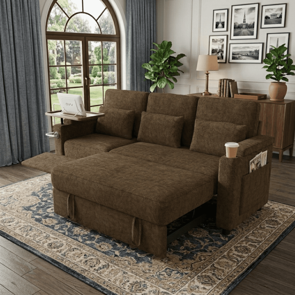 83" 3-in-1 Chenille Foldable Sofa Bed with Electric Chair,USB Ports,Table Board,Storage Armrests & Adjustable Backrest,3-Seater Sleeper,khaki