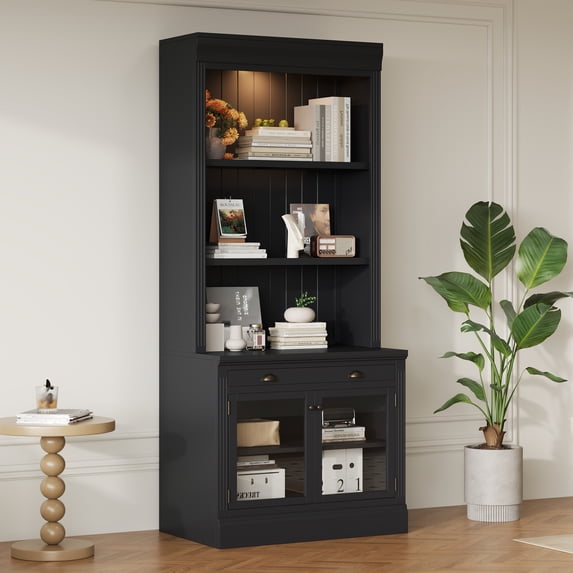 83.4"Tall Bookshelf with LED Lighting, Modern Bookcase with 2 Glass Doors and 1 Drawer,Storage Bookcase with Open Shelves for Living Room,Home Office,Black
