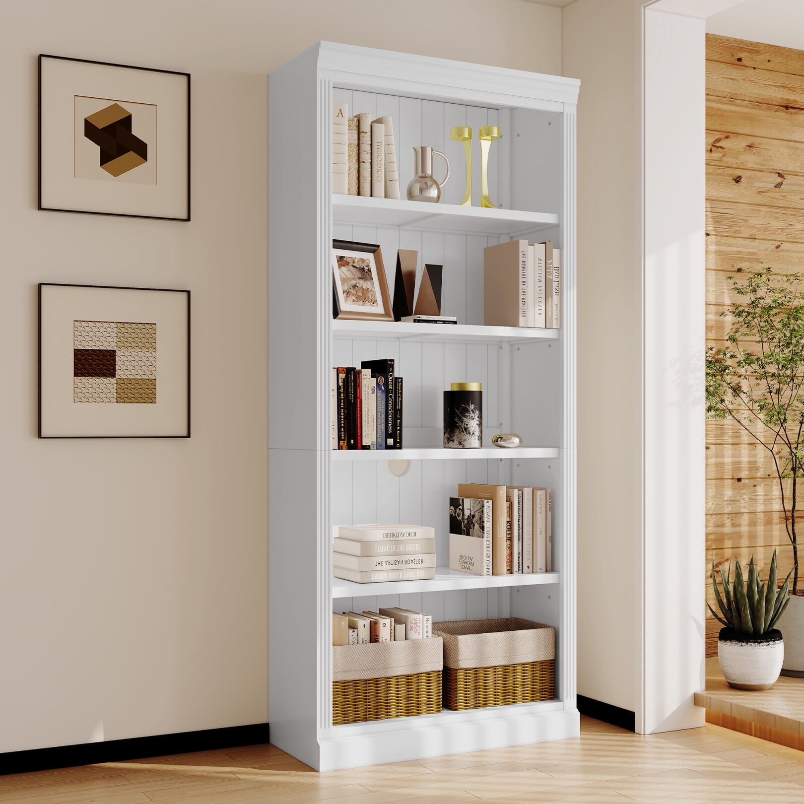 83.4-Inch Tall Wood Bookcase with 5 Adjustable Shelves for Books, Media ...