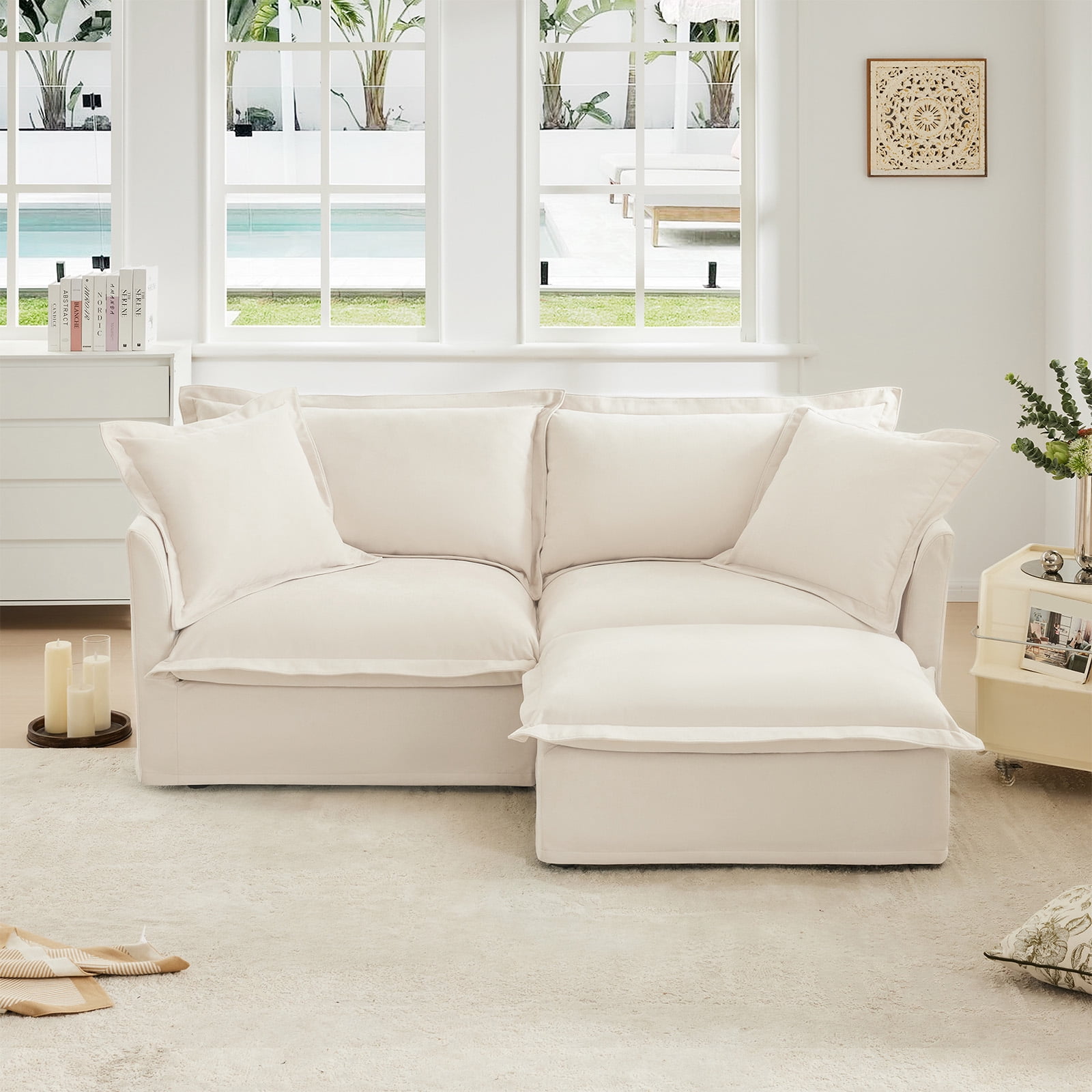 83.4" W Oversized Chenille Loveseat with Ottoman, 77" Wide Deep Seat Upholstered Sofa Couch with Washable Covers for Living Room or Small Apartment,Cream