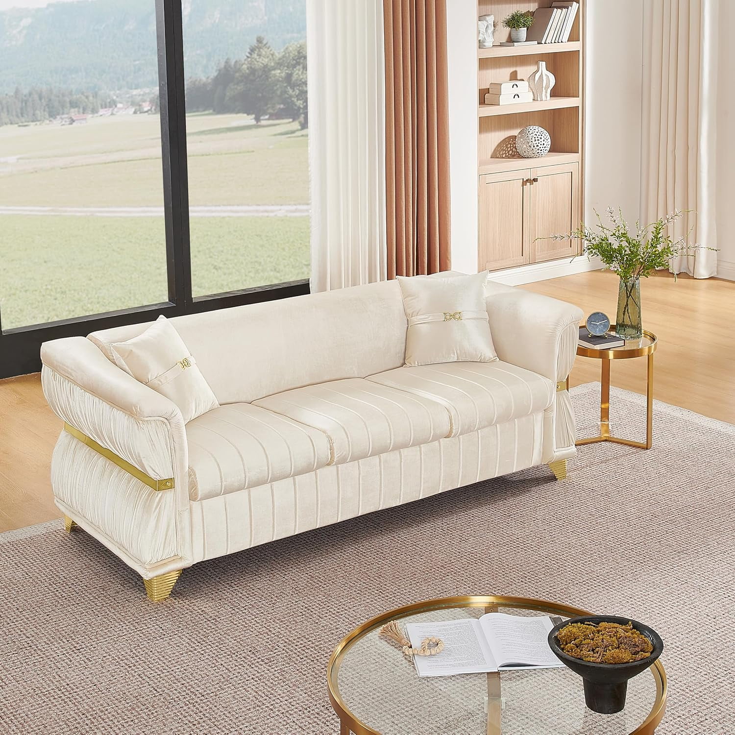 83.5" Chesterfield Sofa, Velvet 3-Seater Couch with Gold Accents, Beige | Luxury Gold Metal Decor, Pleated Arms, Velvet Upholstery, Channel Stitch Cushions, For Living Room, Villa, 2 Pillows