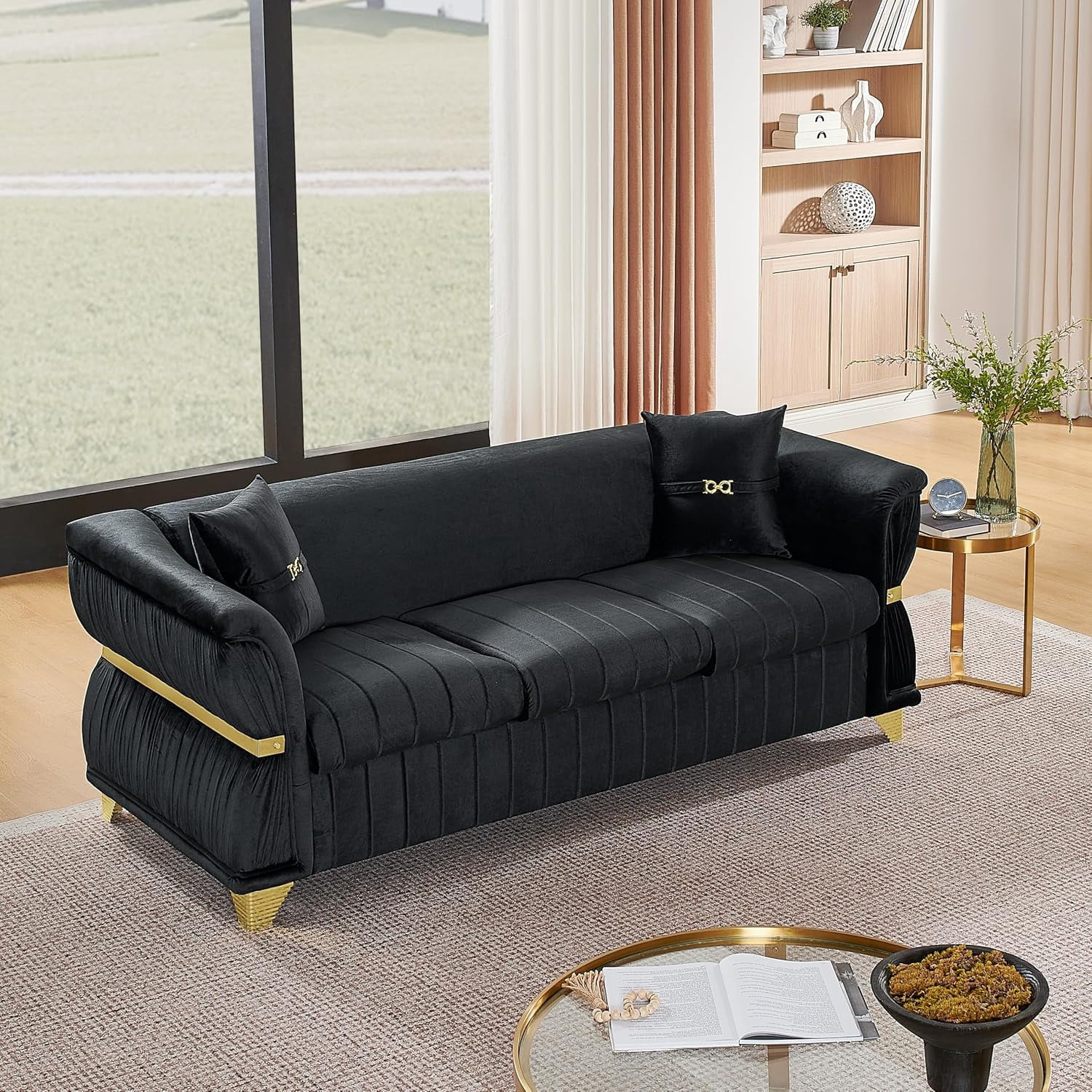 83.5" Chesterfield Sofa, Velvet 3-Seater Couch with Gold Accents, Black | Luxury Gold Metal Decor, Pleated Arms, Velvet Upholstery, Channel Stitch Cushions, For Living Room, Villa, 2 Pillows