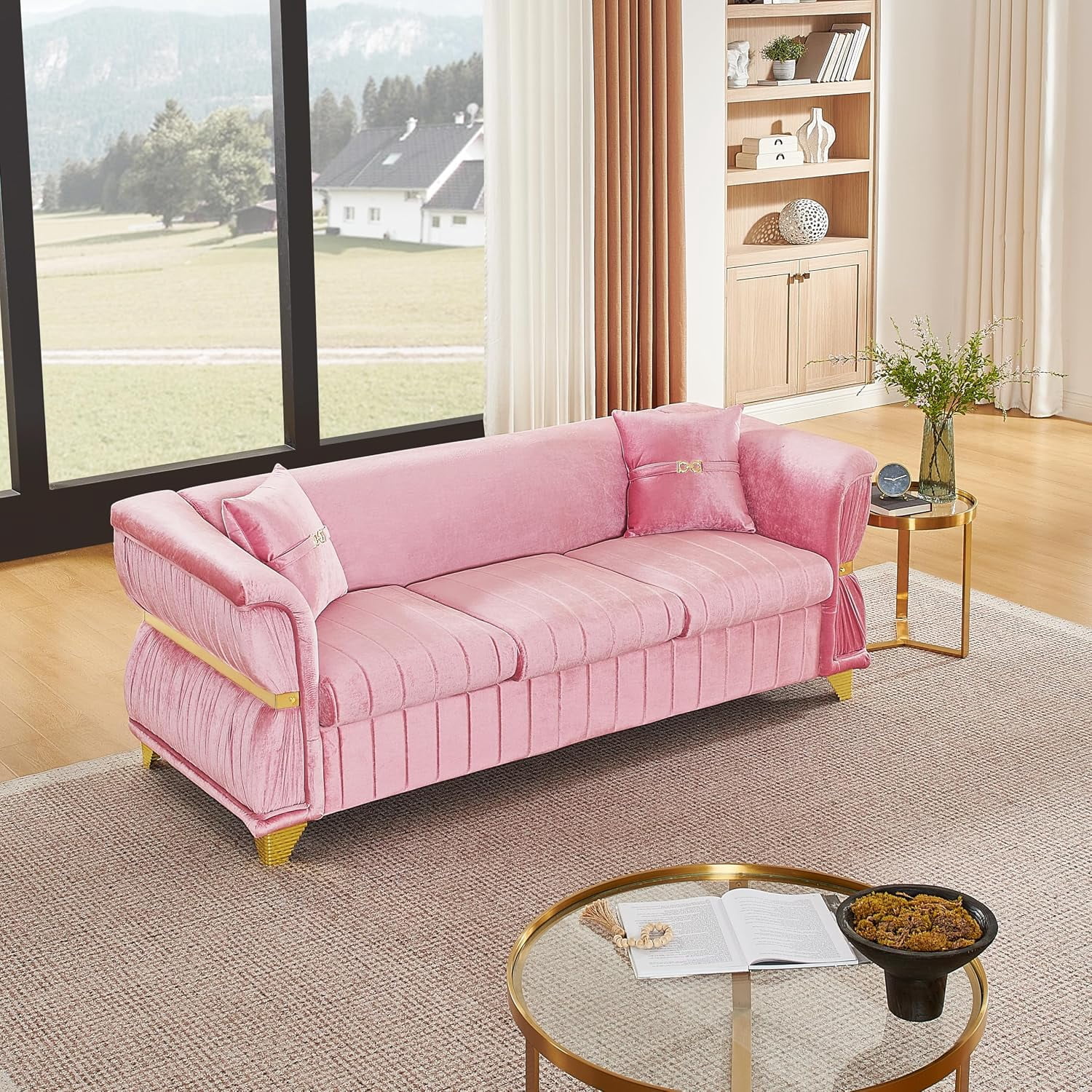 83.5" Chesterfield Sofa, Velvet 3-Seater Couch with Gold Accents, Pink | Luxury Gold Metal Decor, Pleated Arms, Velvet Upholstery, Channel Stitch Cushions, For Living Room, Villa, 2 Pillows