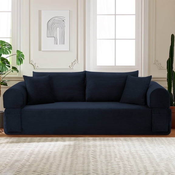 83.5" Convertible Folding Sofa Bed, Futon Sofa Bed with Pillow,Spring Cushions, No Assembly Required,Plush Corduroy(Navy Blue)