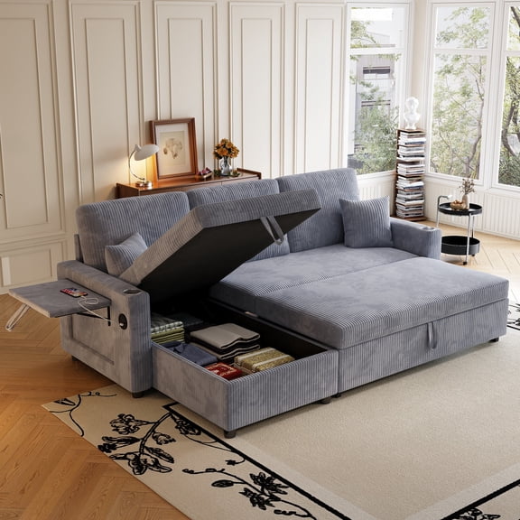 83" Sectional Sleeper Sofa with Pull Out Couch Bed, Convertible L Shaped Sofa with Storage Chaise, USB Charging Ports, Cup Holders & Side Pocket for Living Room or Apartment(Black, Corduroy)