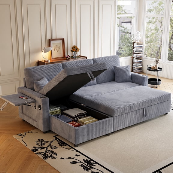 83" L Shaped Sectional Sofa with Storage Ottoman Chaise, Corduroy Sofa Convertible Couches for Living Room, Gray
