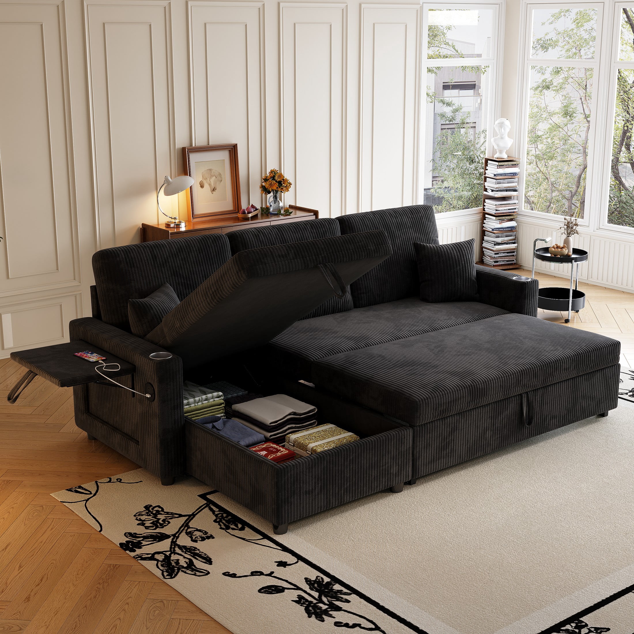 KYLE & KAY 83.5" Convertible Sectional Sofa Bed, L Shaped Sofa with Cup ...