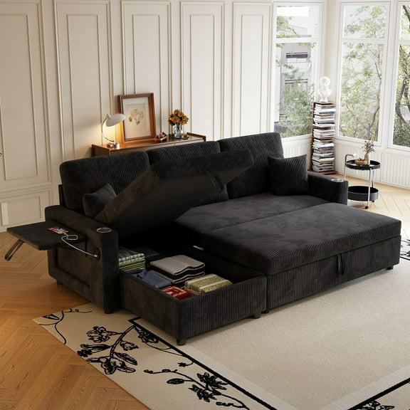 KYLE & KAY 83.5" Convertible Sectional Sofa Bed, L Shaped Sofa with Cup Holders and Storage, Modern Sleeper Couch with USB for Living Room, Bedroom, Apartment (Corduroy, Khaki)