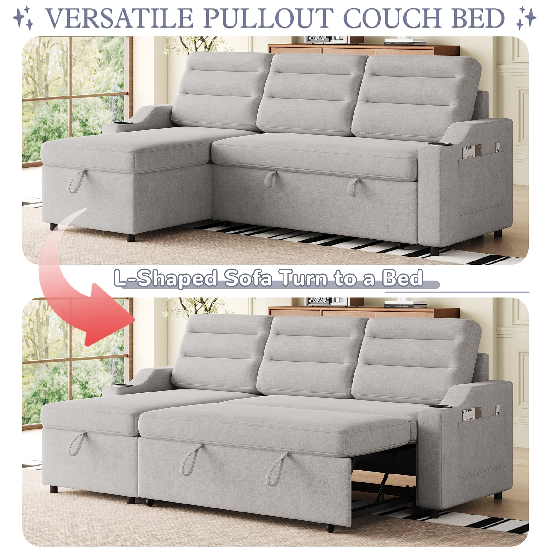 83.5-Inch Convertible Sofa Bed with Pull-Out Design, Reclining Backrest ...