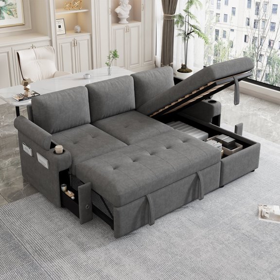 83.5" L-Shaped Gray Chenille Convertible Sofa Bed with Storage, Cup Holders & USB Ports for Living Room