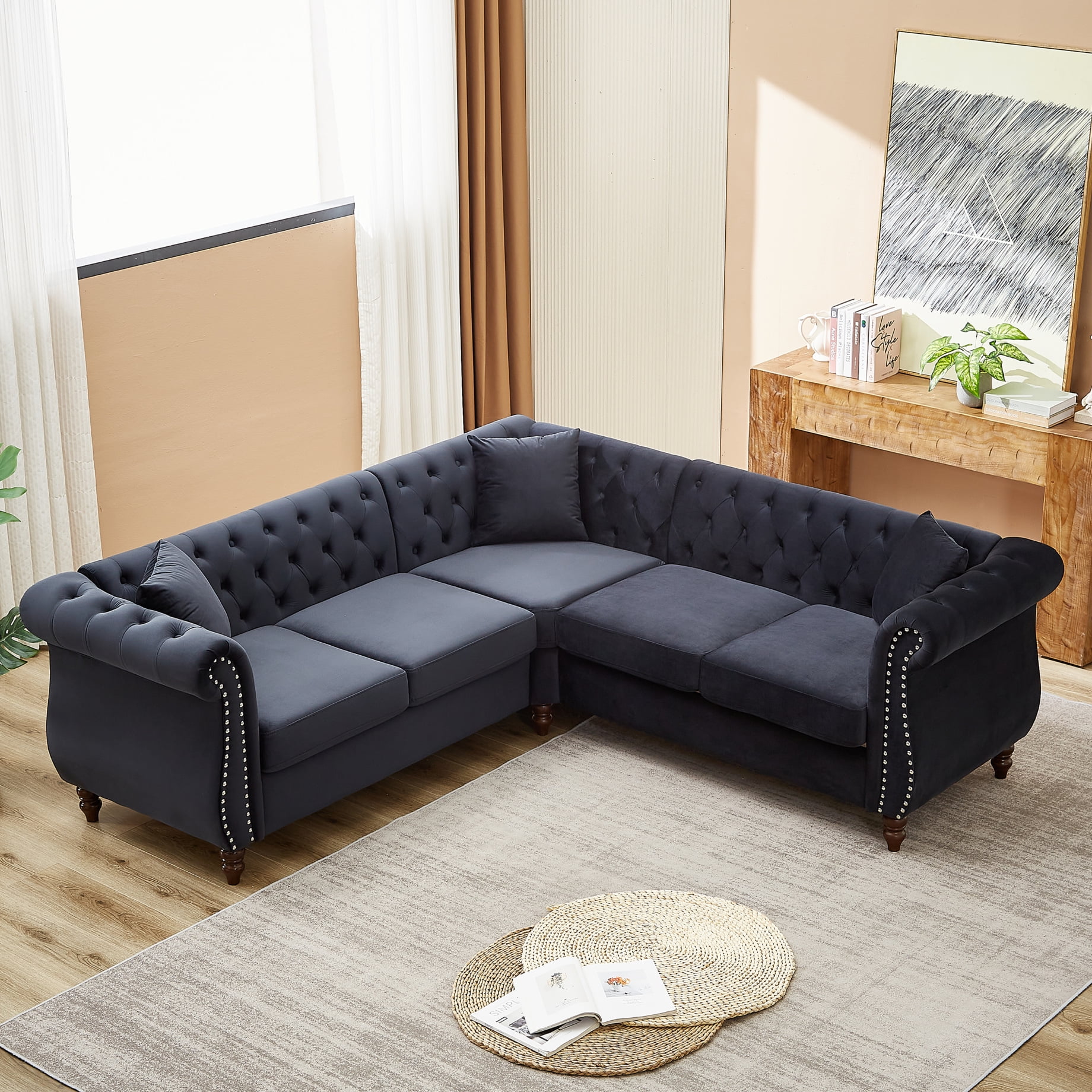 83.5" LShaped Sectional Sofa with 3 Pillows, Velvet Upholstered Button