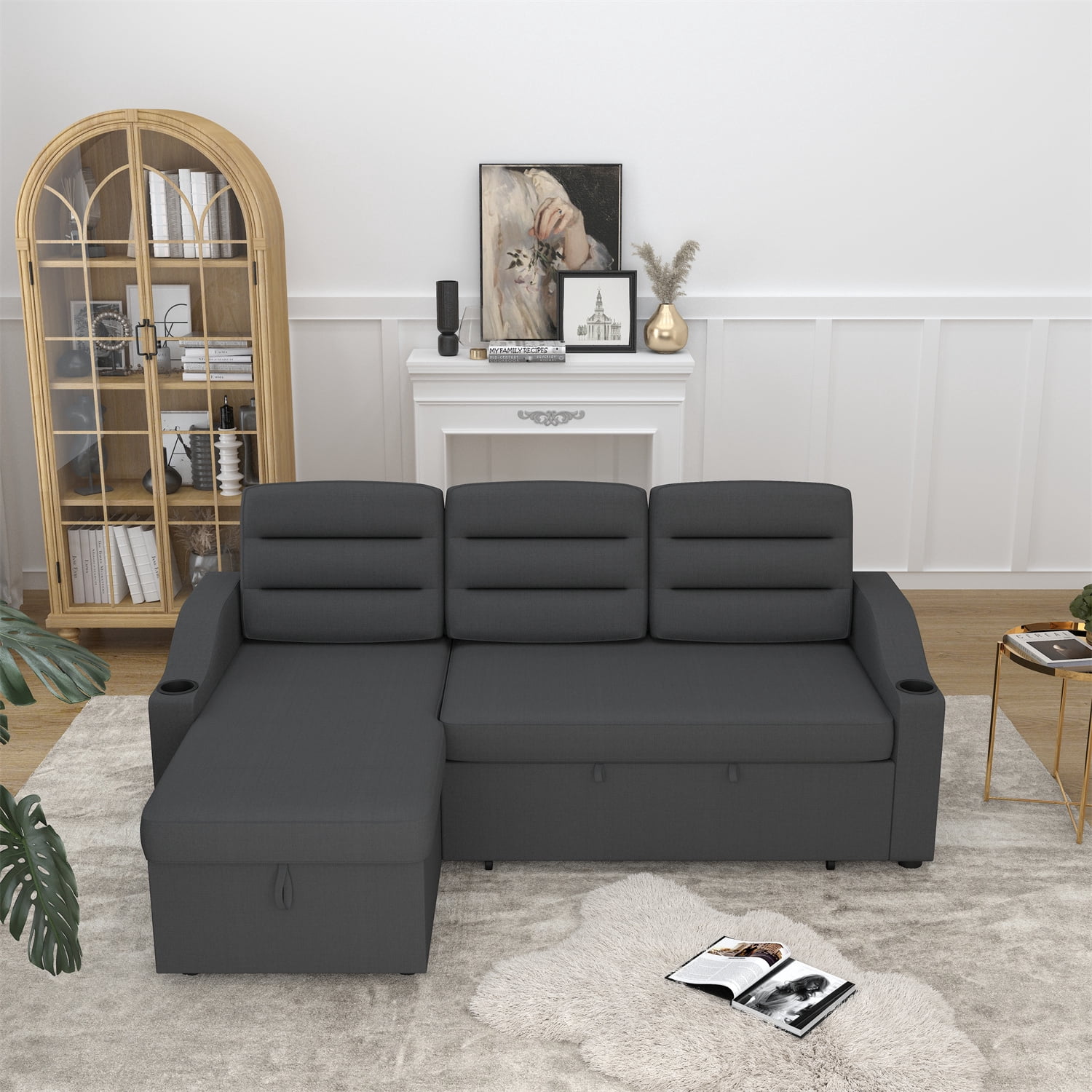 83.5" L-Shaped Sectional Sofa, Convertible Sleeper Sofa with Storage ...