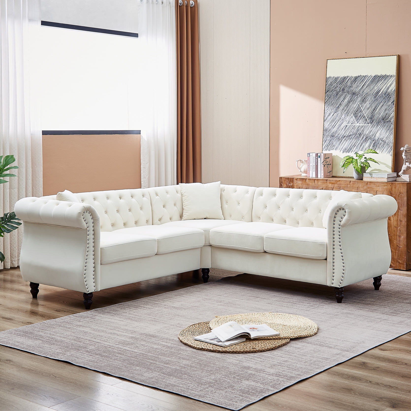 83.5 Oversized Corner Sofa Velvet Fabric L Shaped Sectional Couch with 3 Cushions Metal Legs Low Armrest Backrest 5 Seater Corner Couch for