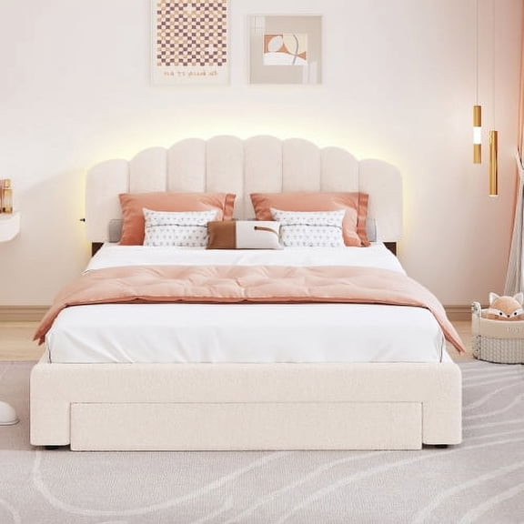 83.5" Queen Upholstered Platform Bed with Storage Drawer, Teddy Fleece Stripe Headboard, LED Lights and USB Ports, Solid Frame for Bedroom, Beige
