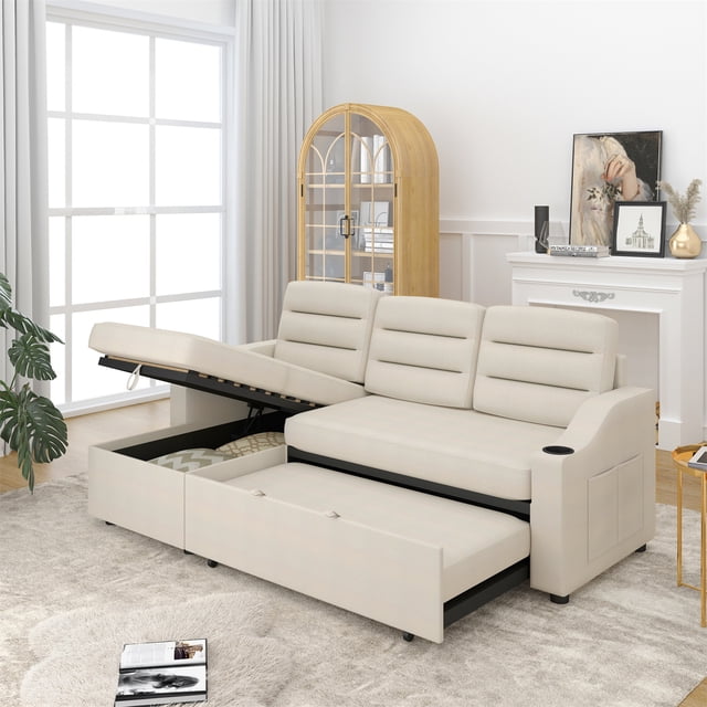83.5" Sleeper Sofa Bed with Storage Chaise, Convertible Pull Out ...