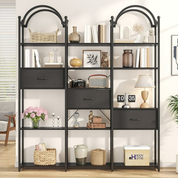 83.5" Tall Arched Bookshelf, Triple Wide 6-Tier Large Open Book Shelf with 3 Drawers Storage, Etagere Bookcase with Display Shelf, Industrial Bookshelf with Metal Frame for Living Room, Black