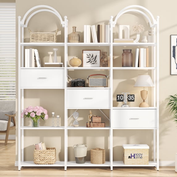 83.5" Tall Arched Bookshelf, Triple Wide 6-Tier Large Open Book Shelf with 3 Drawers Storage, Etagere Bookcase with Display Shelf, Industrial Bookshelf with Metal Frame for Living Room, White