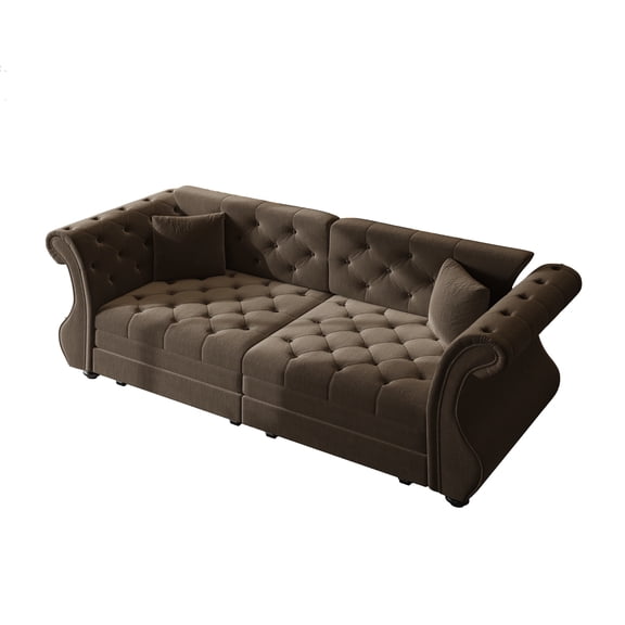 83.8" Oversized Chesterfield Pull Out Sofa Bed, Classic Roll Arm Velvet Couch With Flower Tufting, Upholstery For Living Room/Bedroom/Apartment,Brown