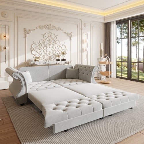 83.8" Oversized Chesterfield Pull Out Sofa Bed, Classic Roll Arm Velvet Couch with Flower Tufting, Upholstered Sleeper for Living Room Bedroom Apartment, Light Grey