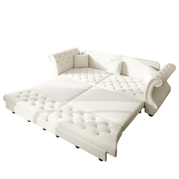 83.8" Pull Out Sofa Bed King Size,Oversized Chesterfield Velvet Sofas with Flower Tufting,Convertible Recliner Lounge for living Room Apartment,White