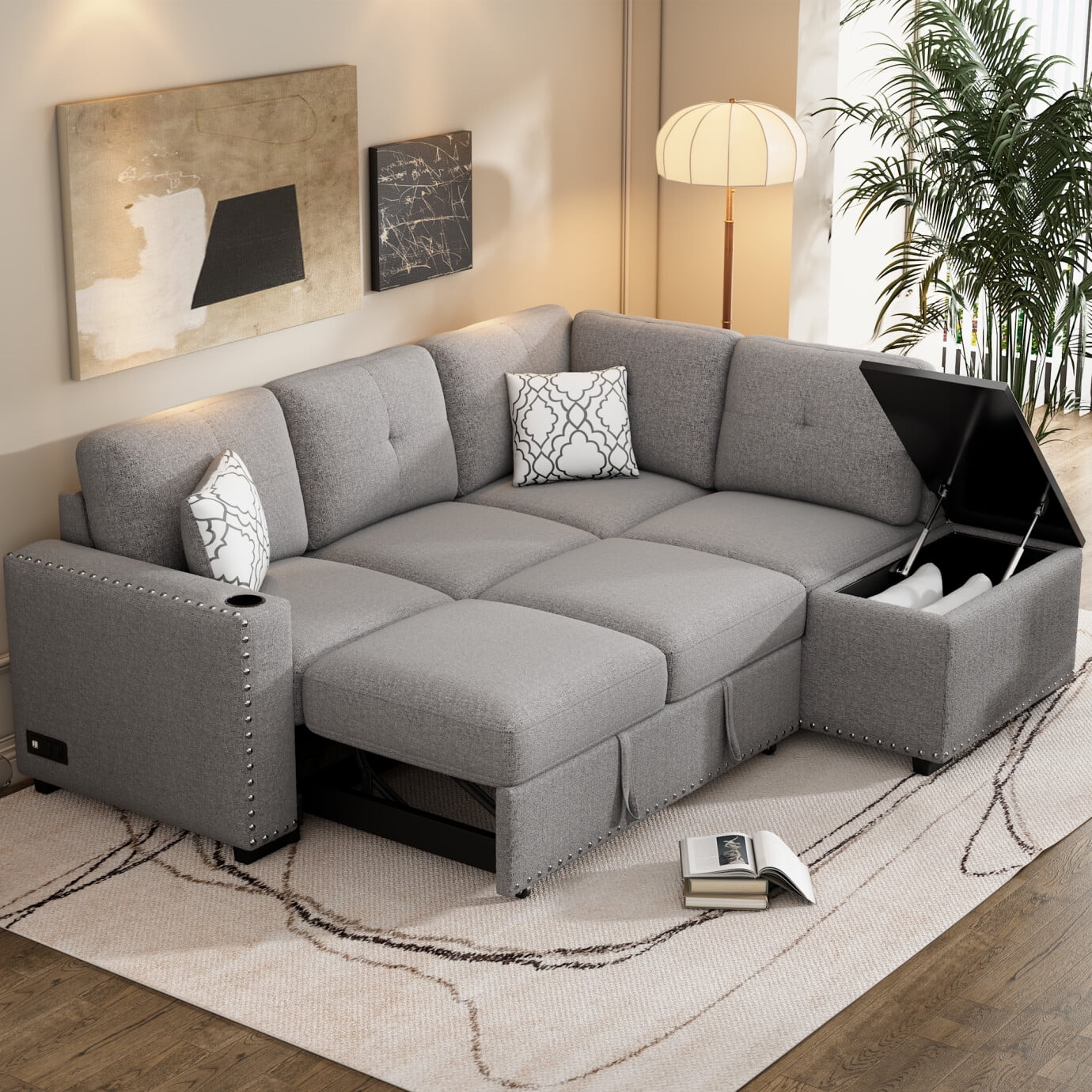 83.8 Reversible Sectional Pull Out Sofa Bed L Shaped Corner Sofa Couch with Storage Chaise USB Ports Power Sockets and Cup Holder Convertible Sleeper Sofa for Living Room Bedroom Study Light Gray Walm...