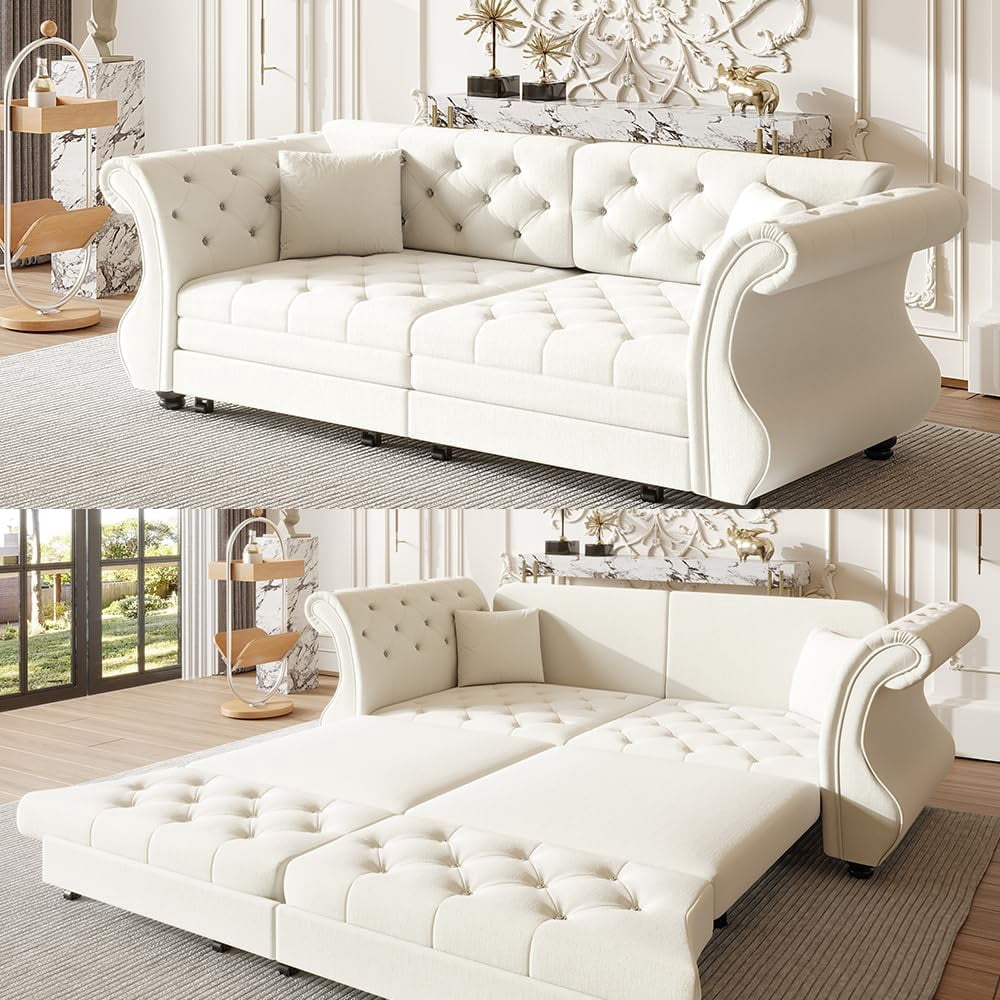 83.8'' Sleeper Sofa Bed Queen, Convertible Pull Out Couch, Chesterfield Futon Sofa Bed with Flower-Tuffed Back, Velvet Daybed, 2 Pillows, Loveseat Couches for Living Room, Small Spaces, Beige