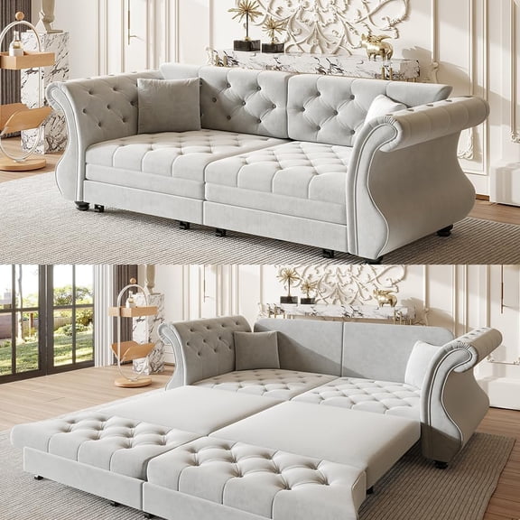 83.8'' Sleeper Sofa Bed Queen, Convertible Pull Out Couch, Chesterfield Futon Sofa Bed with Flower-Tuffed Back, Velvet Daybed, 2 Pillows, Loveseat Couches for Living Room, Bedroom, Light Gray