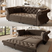 83.8 Sleeper Sofa Bed Queen, Convertible Pull Out Couch, Chesterfield Futon Sofa Bed with Flower-Tuffed Back, Velvet Daybed, 2 Pillows, Loveseat Couches for Living Room, Small Spaces, Brown