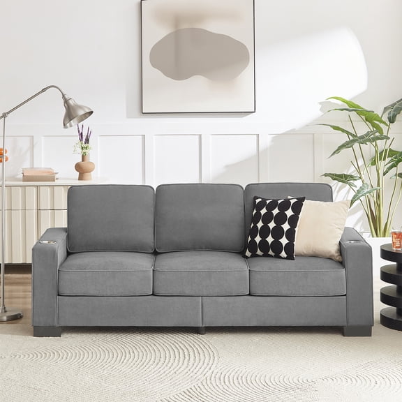 83.86" 3 Seater Couch with Cup Holders, Deep Seat Velvet Sofa for Living Room, Soft Sofa para Sala,Gray