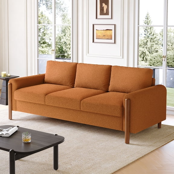 83.86" 3-Seater Sofa, Curved Armrest with Integrated Solid Wood Legs, Teddy Velvet Fabric, High Weight Capacity (250 lbs/seat), Durable Solid Wood Frame,Orange