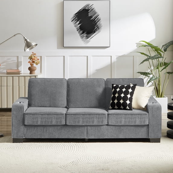 83.86" Corduroy Fabric sofa,Modern Compressed Couch, 3-Seater Sofa, Furniture for Living Room, Bedroom, Office (Gray)