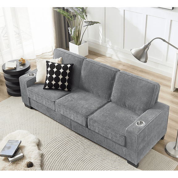 83.86"Corduroy Fabric sofa,Modern Compressed Couch,3-Seater Sofa, Furniture for Living Room,Bedroom,office ,Gray