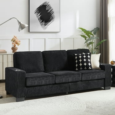 83.86" Modern Sofa Couches for Living Room, 3 Seater Corduroy Fabric Deep Seat Sofa with Upholstered Cushion, Comfy Sofa Couch for Small Space, Apartment, Black