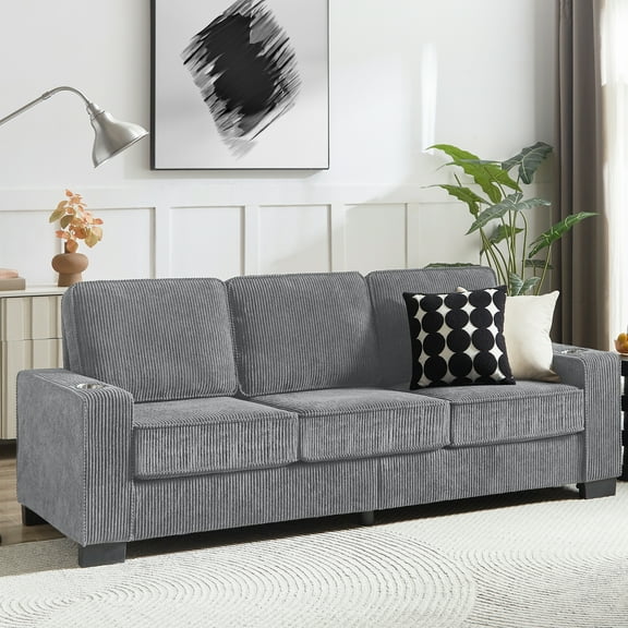 83.86" Office Corduroy Compressed Couch - Gray 3 With Stylish Design And Cup Holders Modern For Living Room, Bedroom