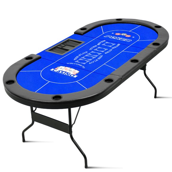 83" 9-Player Poker Table, Foldable Texas Hold'em Blackjack Table with Metal Legs & 9 Cup Holders, Blue, Professional Game Table