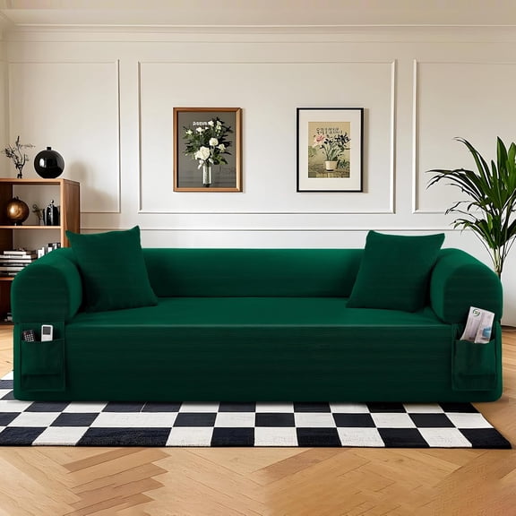 83" Boneless Couch, 3 Seater Sofa with 2 Matching Pillows Compact Corduroy Couches for Living Room Side Storage Pockets, Floor Sofa with Removable Armrests, No Assembly Required, Green