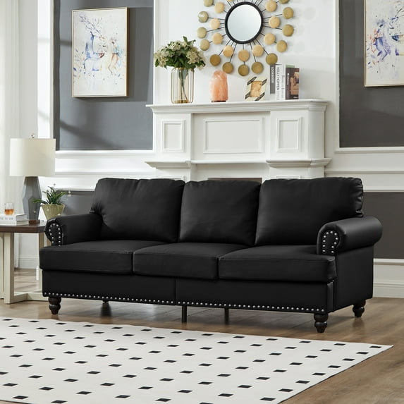 83" Classic Leather 3-Seater Sofa Upholstered Imitation Cowhide Leather Couch with Nailhead Trim and Storage Cushion, American Traditional Design Living Room Couch