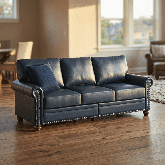 83" Classic Nailhead Sofa ,Upholstered PU Couch ,Living Room Furniture With Storage Sturdy Frame Easy Assembly For Home Rest Space, Navy Blue