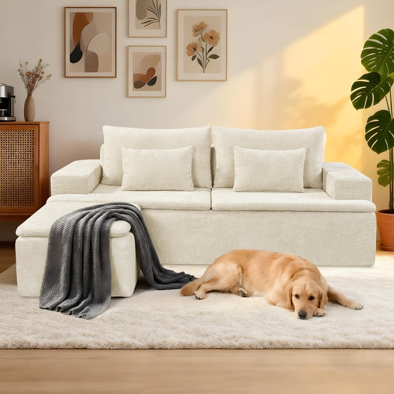 83" Cloud Sectional Couch with L-Shape Chaise, Modular Sofa with Deep Seat Reversible Ottoman, Boneless Couches for For Living Room, Cushion Back, Includes 2 Throw Pillows, Sofa in a Box, Beige