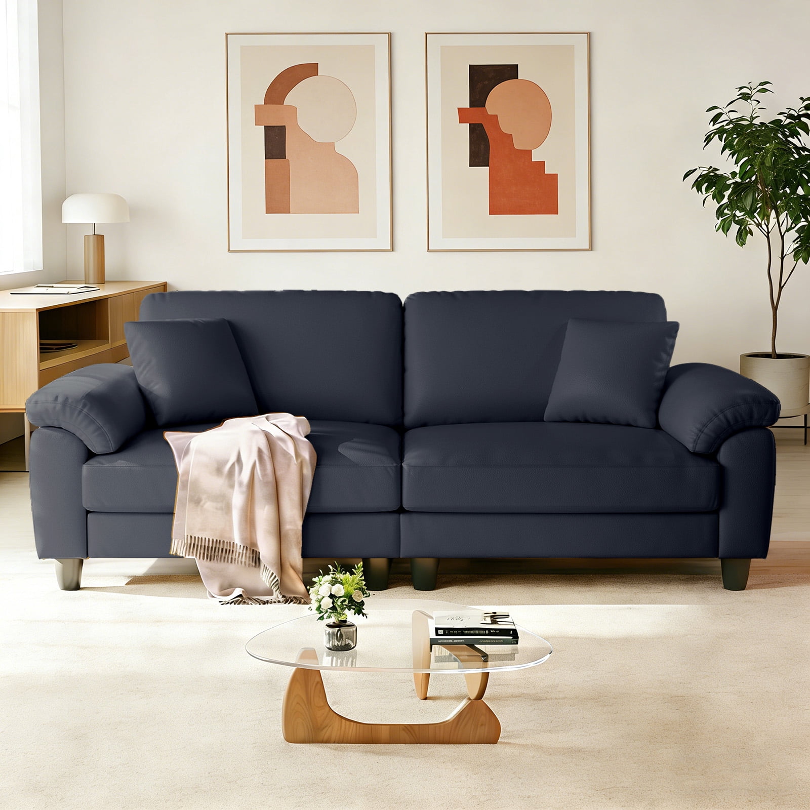 83" Couch Premium PU Leather Sofa, Deep Seat Oversized Loveseat for Living Room (Includes 2 Pillows), Navy
