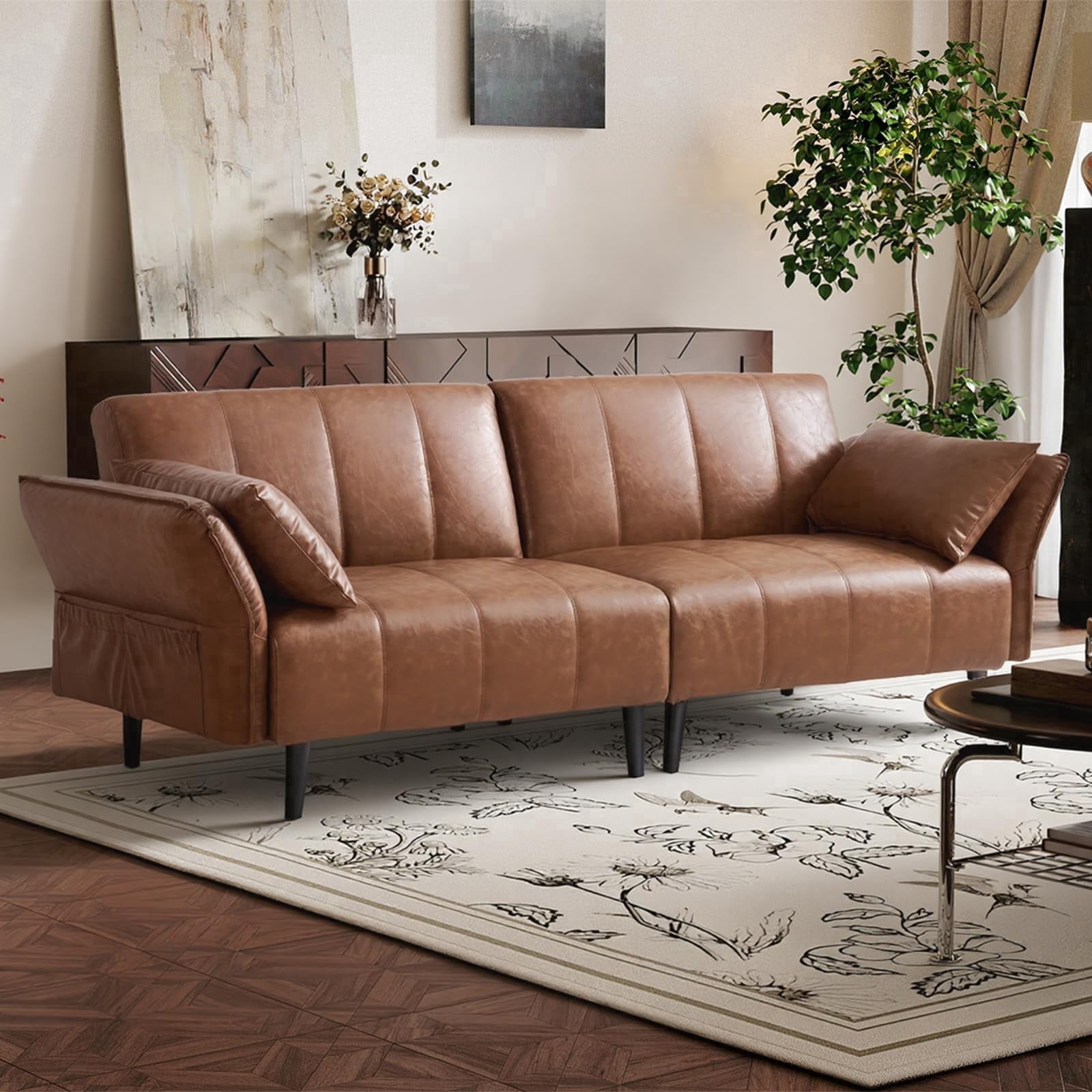 83" Faux Leather Sofa,Mid Century Modern Convertible Futon Sofa Bed Loveseat with Adjustable Armrest and Backrest,2 Pillows for Living Room,Office,Brown