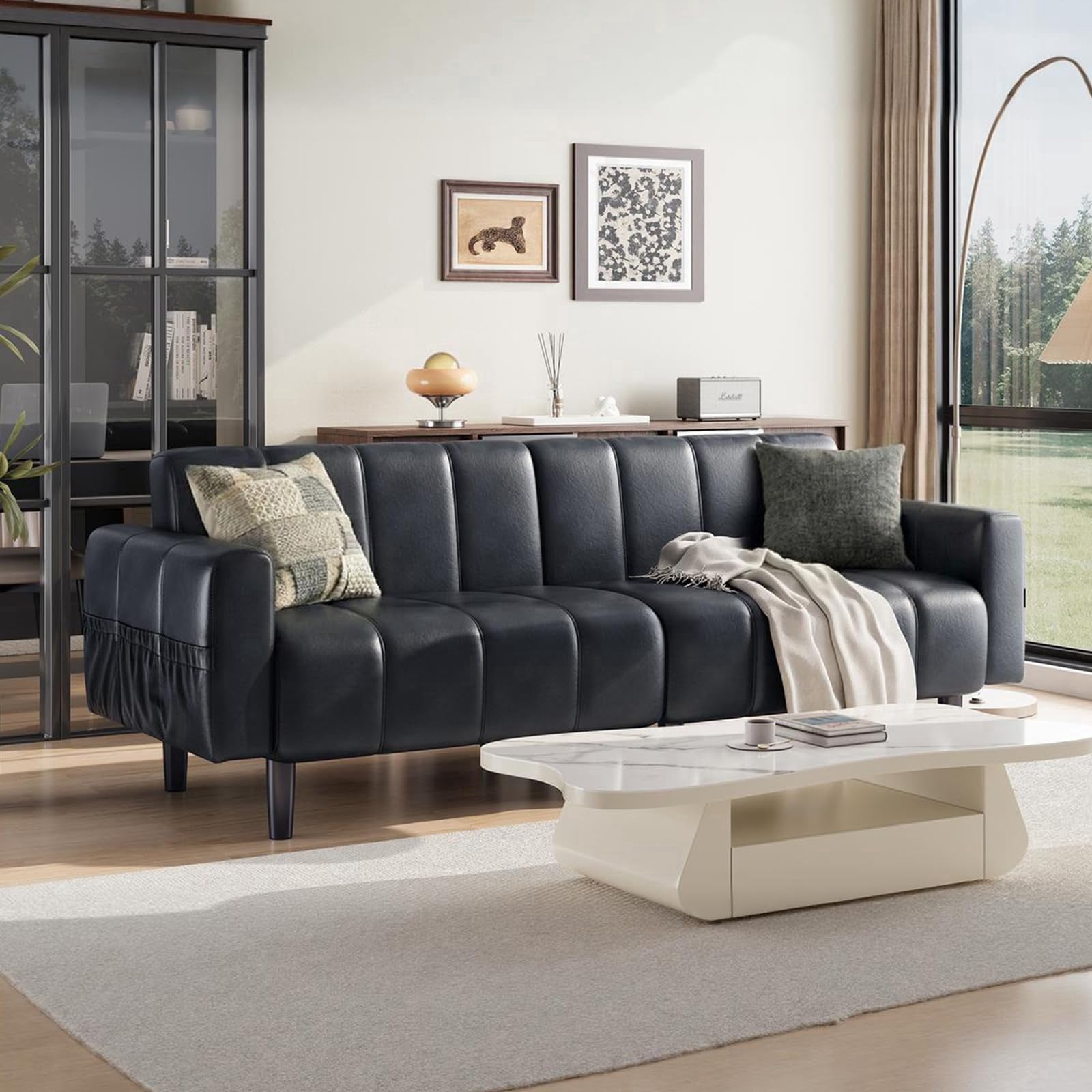 83" Faux Leather Sofa,Mid Century Modern Convertible Futon Sofa Bed ...