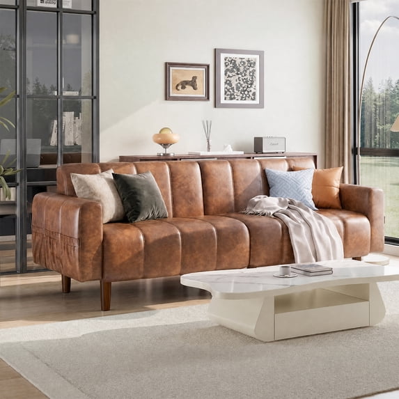 83" Faux Leather Sofa,Mid Century Modern Convertible Futon Sofa Bed with Adjustable Backrest,Side Pockets,3-Seater Couch for Living Room,Office,Brown