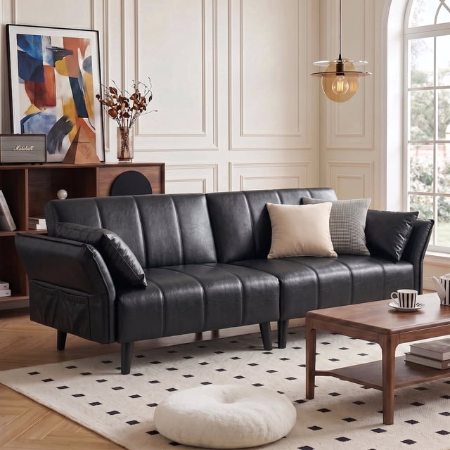 83" Faux Leather Sofa,Mid Century Modern Convertible Futon Sofa Bed ...