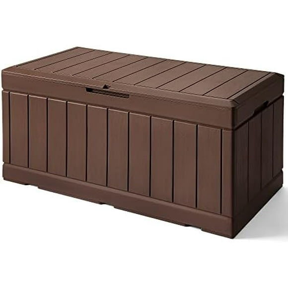 83 Gallon Storage Outdoor Waterproof Large Resin Deck Patio Storage Bench Lockable Storage Container for Outdoor Cushions, Garden Tools and Pool Supplies (Brown)