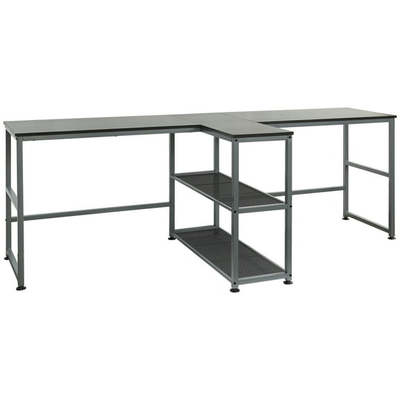 83 Inch Black Two Person Computer Desk with Storage Shelves and Adjustable Feet